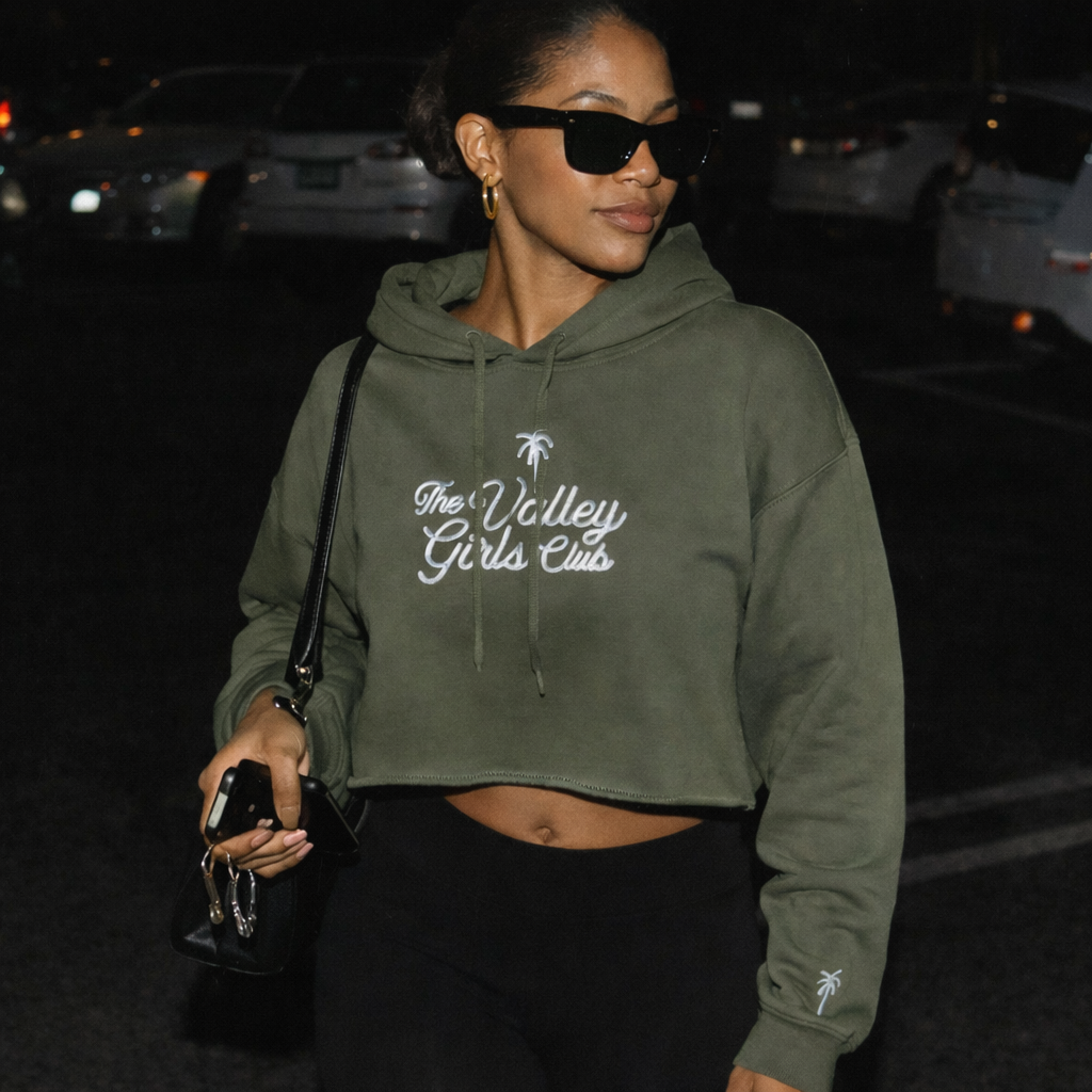 Valley Girls Club™ Cropped Hoodie – Olive Green Raw Hem Women's Crop Sweatshirt