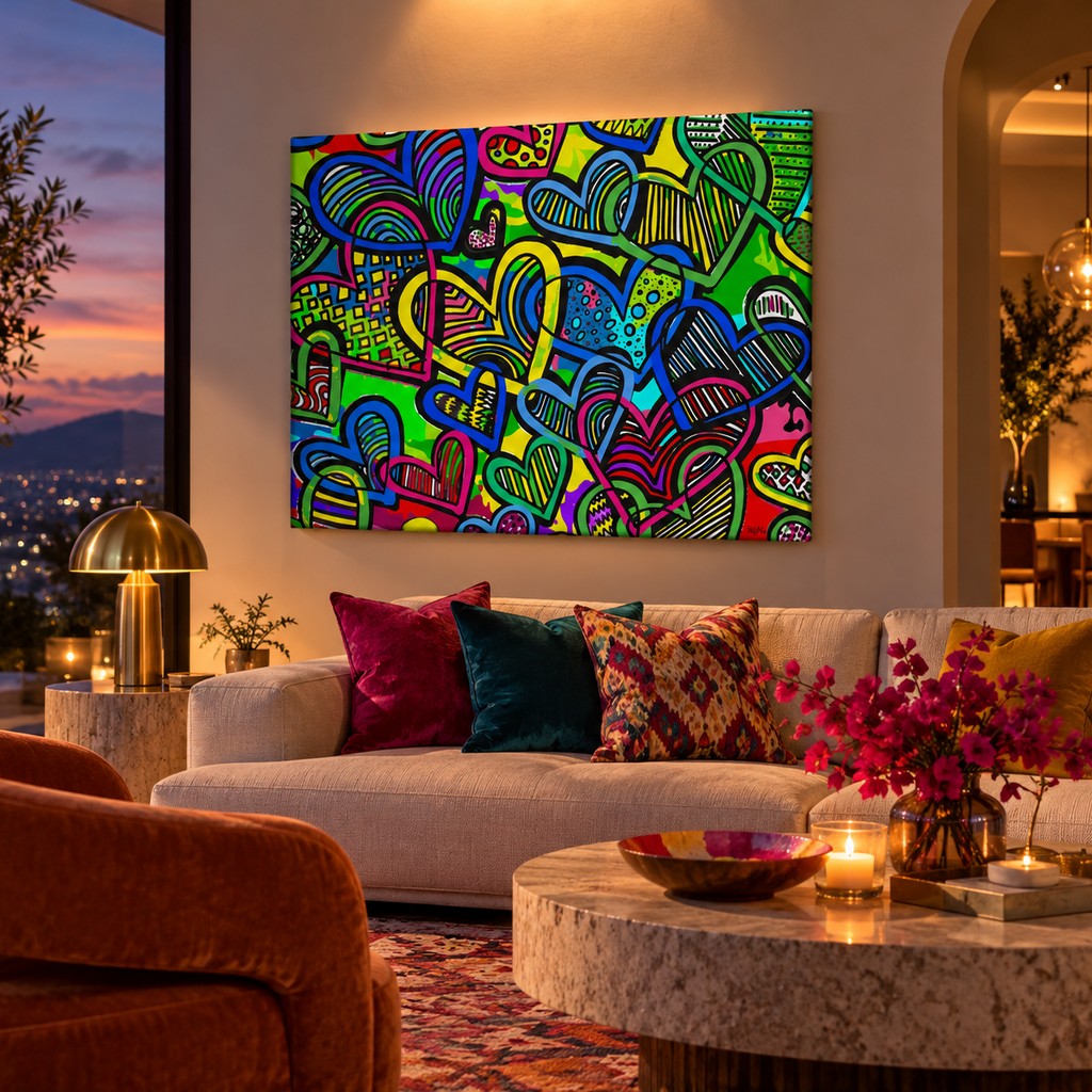 A colorful abstract canvas wall art print featuring vibrant hand-drawn hearts and doodles in bright green, blue, pink, yellow, and purple, displayed in a modern living room setting above a beige sofa with decorative pillows.