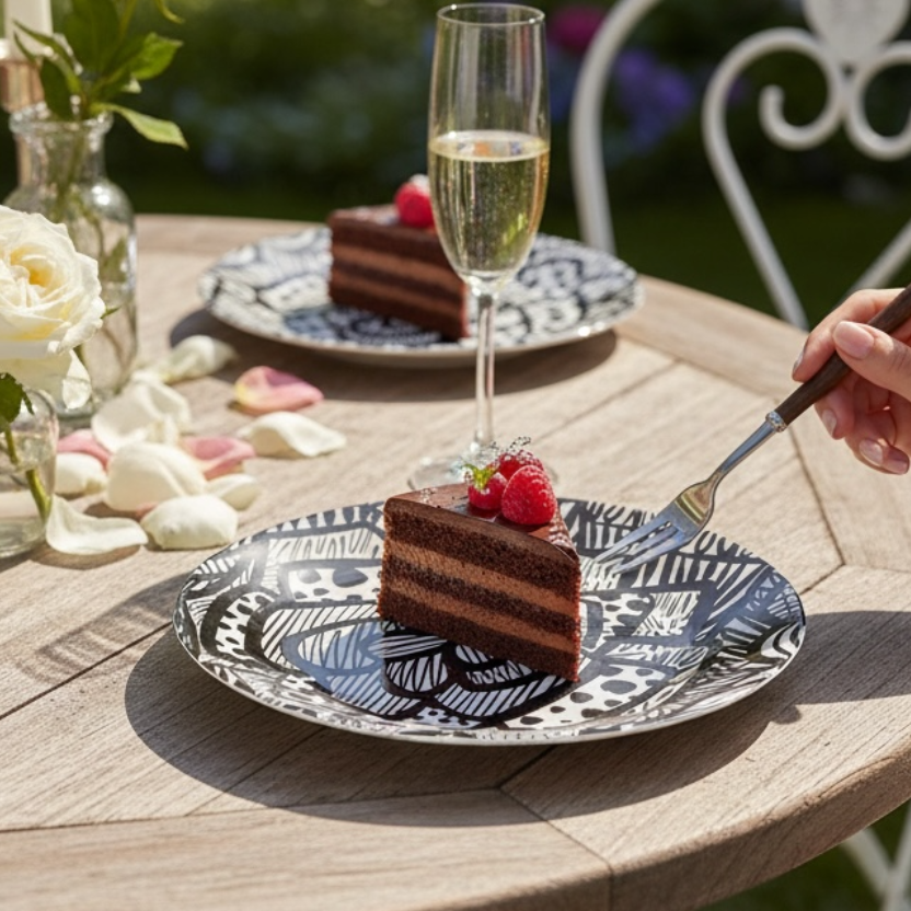 AniVani Designer Black and White Art Plates being used outdoors during a garden party