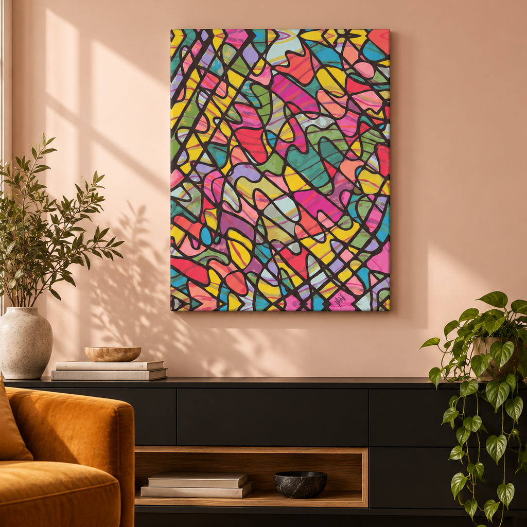 Current Mood colorful abstract canvas art by Vani Gundara with watercolor inks and black Sharpie linework