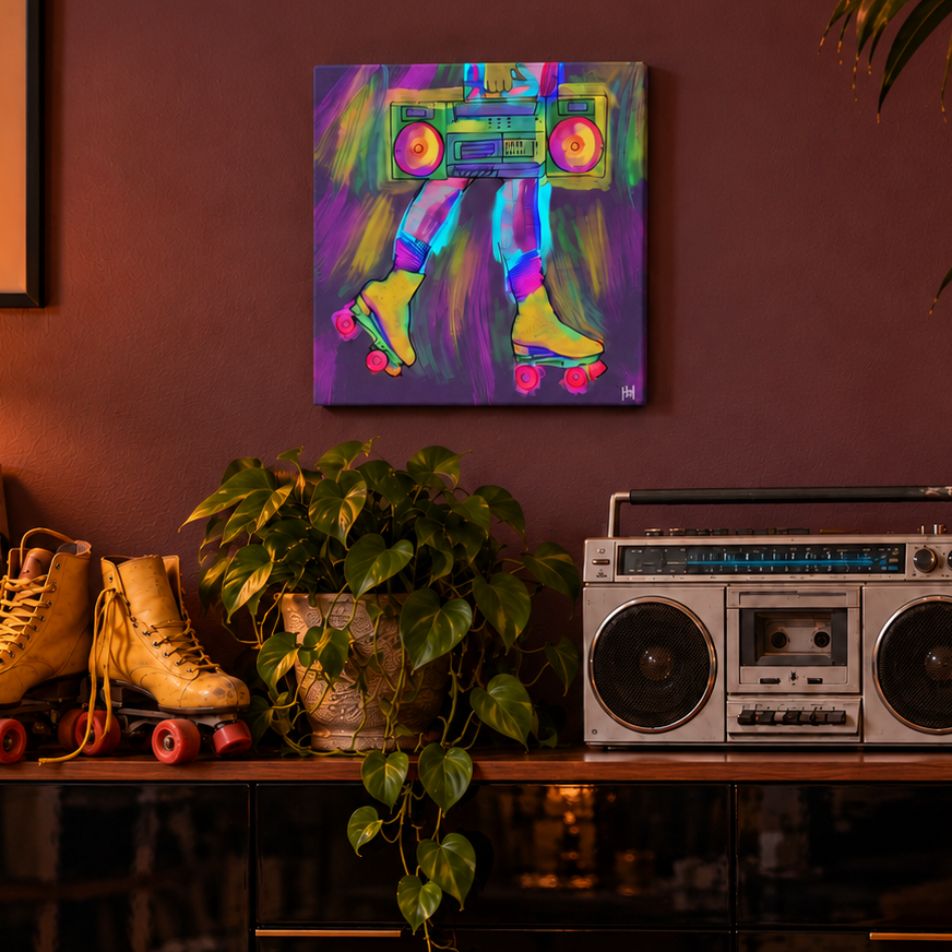 A colorful abstract roller skate painting hangs on a dark burgundy wall above a wooden media console in a retro-styled room. The console holds a vintage boombox, a potted trailing green plant, a pair of tan roller skate boots, and vinyl records.