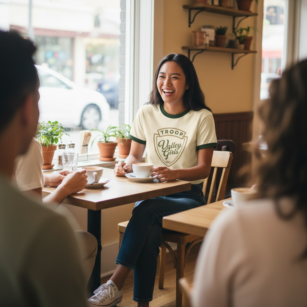Woman wearing Valley Girls Club Troop retro ringer tee at a casual coffee shop table