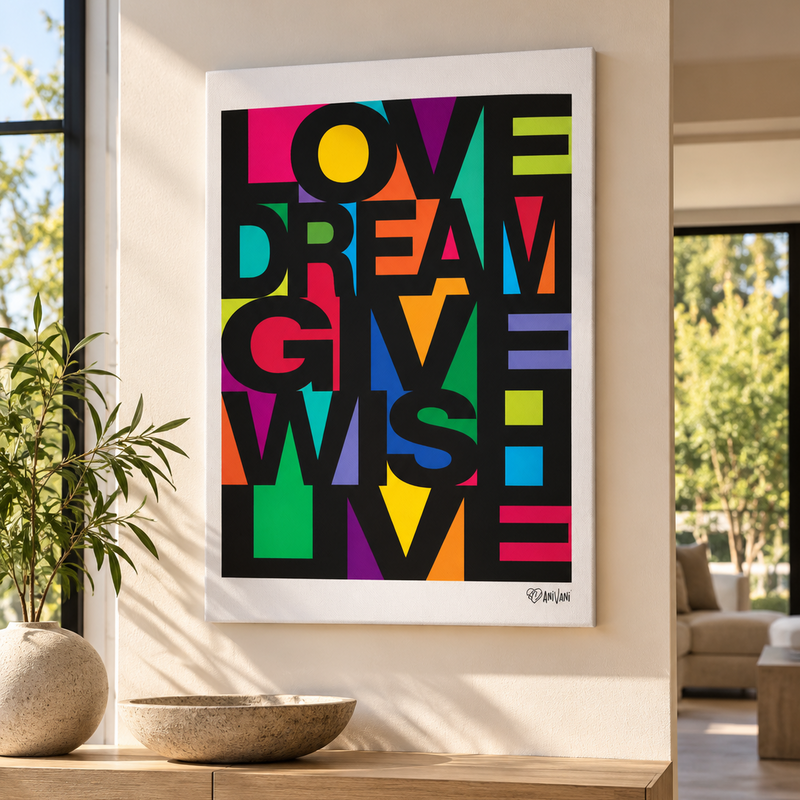 A framed vertical art print with colorful geometric block letters spelling out 'LOVE DREAM GIVE WISHE LIVE' hangs on a beige wall in a modern interior setting with a wooden console table and potted plant below.